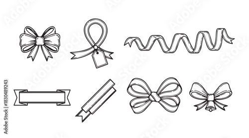 Collection of hand drawn decorative bows ribbons and banners silhouette