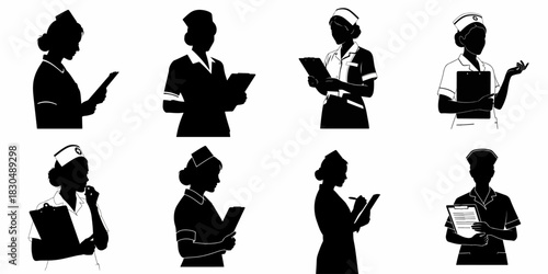 Set of eight professional nurse silhouettes featuring female healthcare workers in uniform holding clipboards and performing patient documentation tasks.