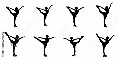 Figure skating silhouettes set showing various high-extension poses and graceful movements of a female athlete isolated on white.
