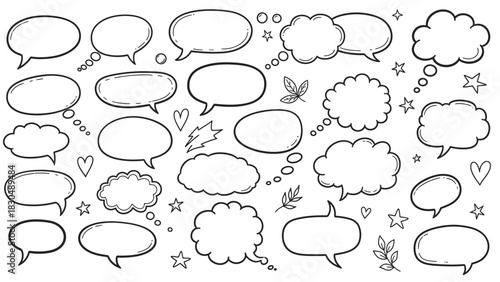 Hand drawn speech bubbles and thought clouds doodle style vector illustration