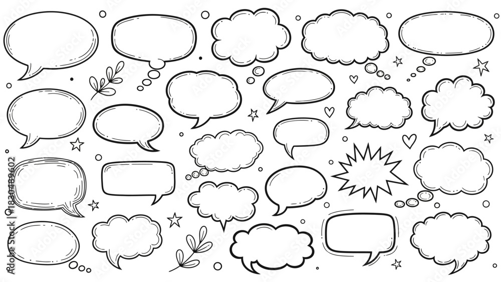 Fototapeta premium Hand drawn speech bubbles collection with doodle style elements and decorations