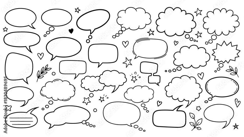 Fototapeta premium Hand drawn speech bubbles and thought bubbles doodle set in black and white