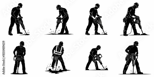 Black silhouettes collection of construction workers and laborers using jackhammers and pneumatic drills for demolition, repair, and road work.