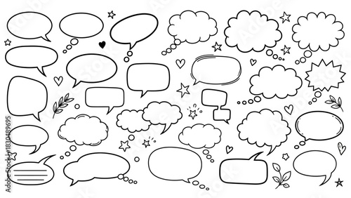 Hand drawn speech bubbles and thought bubbles doodle set in black and white