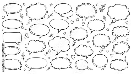 Collection of hand drawn speech bubbles and thought balloons in doodle style