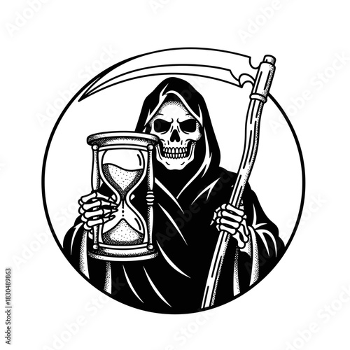 Grim Reaper holding an hourglass symbolizing the passage of time.