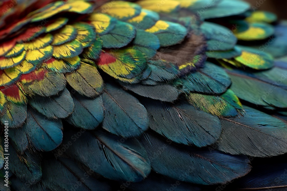 Obraz premium Vibrant feathers from a tropical bird show their natural beauty, displaying a mosaic of bright colors and intricate textures up close.