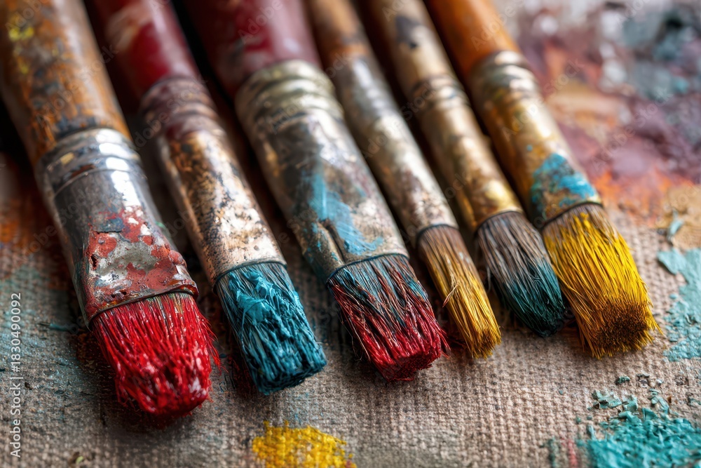 Fototapeta premium Close-up still life of paintbrushes lined up on a textured canvas with bright pigments