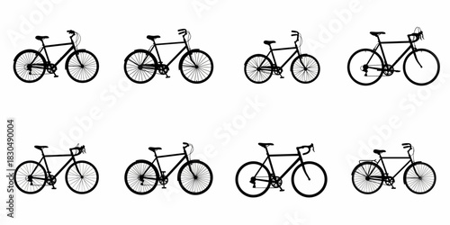 A collection of 8 black bicycle silhouettes on a white background, illustrating various bike types like road, city, and touring cycles for transportation and recreation.