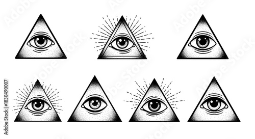 Collection of six all seeing eye symbols in triangles.