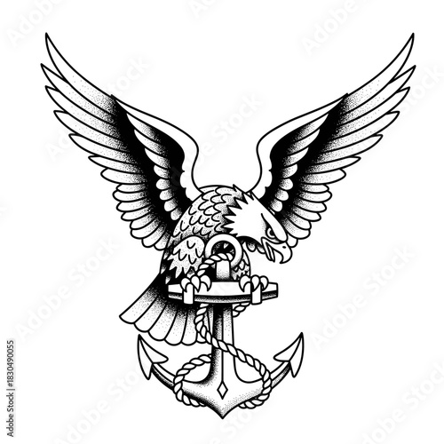Eagle clutching an anchor with spread wings in a detailed illustration.