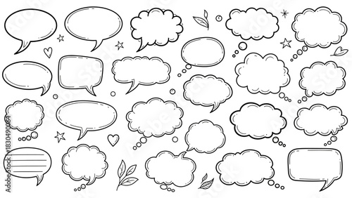 Hand drawn speech bubbles and thought bubbles isolated on white background