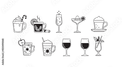 Collection of hand drawn beverage silhouettes in a sketchy artistic style silhouette