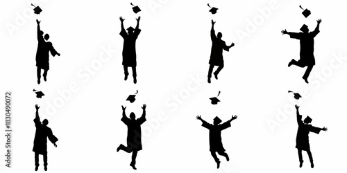 Happy graduation students silhouettes jumping and throwing their caps in the air, celebrating academic success and achievement against a white background.
