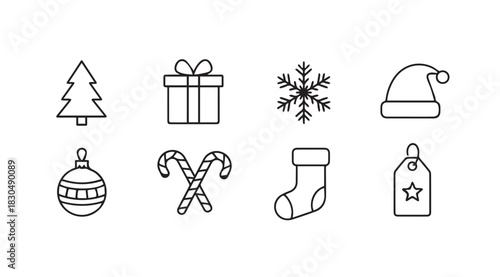 Collection of christmas icons including tree gift snowflake hat ornament candy cane stocking and tag silhouette