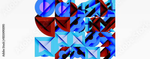 Abstract geometric shapes, blue, red hues. Complex composition, sharp angles, modern design. Minimalist aesthetic, digital art creation.