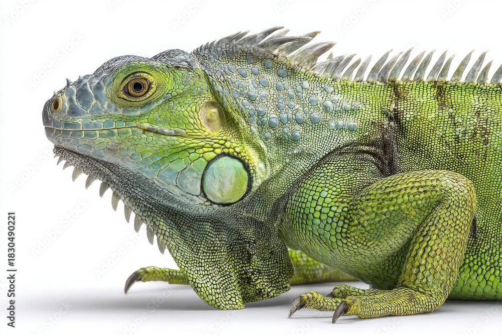 Fototapeta premium A vibrant green iguana reptile stands calmly in a studio, showcasing its detailed scales, prominent eye, and sharp dorsal spines from a clear side view.