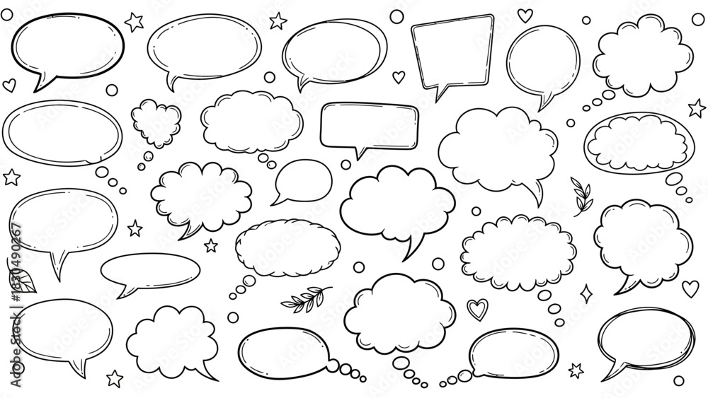Fototapeta premium Hand drawn speech bubbles and thought bubbles doodle set on white background