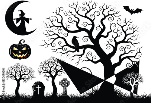 Halloween graveyard silhouette with spooky tree, crow, jack-o'-lantern, witch, bat, moon, tombstones, eerie forest, scary night, haunted scene, mystery