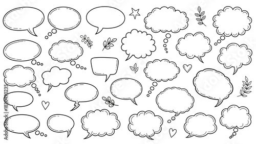 Hand drawn speech bubbles and thought bubbles with floral accents illustration