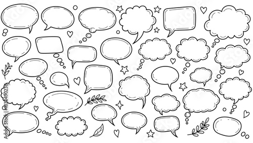 Hand drawn speech bubbles and thought bubbles in various shapes and sizes