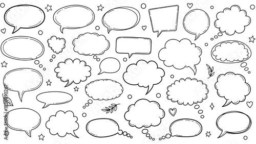 Hand drawn speech bubbles and thought bubbles doodle set on white background