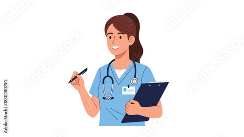 Happy Nurse with Clipboard and Pen Holding Medical Details