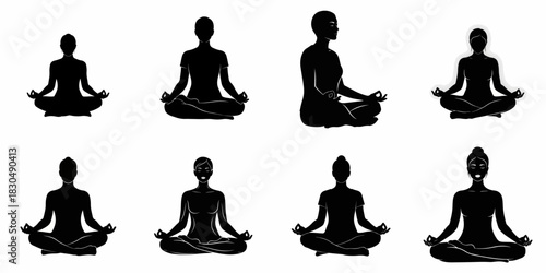 Black Silhouettes of Women Meditating in Lotus Pose, Illustrating Yoga, Spiritual Wellness, Relaxation, and Mindfulness.