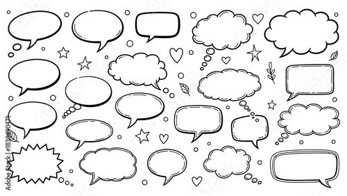 Hand drawn speech bubbles and thought clouds doodle style vector illustration