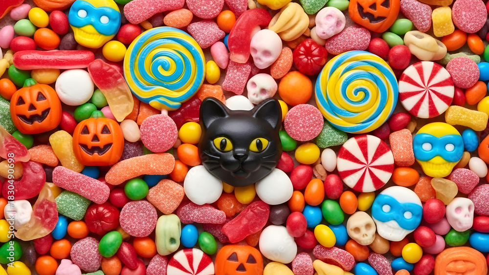 Fototapeta premium Black cat face surrounded by colorful Halloween candies and lollipops candy pumpkin
