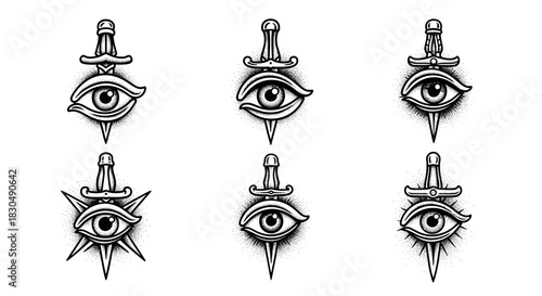 Collection of six mystical eye and dagger tattoo designs.