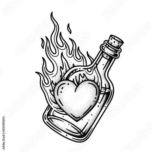 Burning Heart in a Bottle Tattoo Design.