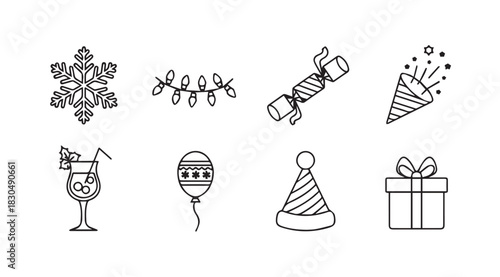 Collection of festive holiday icons including snowflake lights party popper and gift silhouette