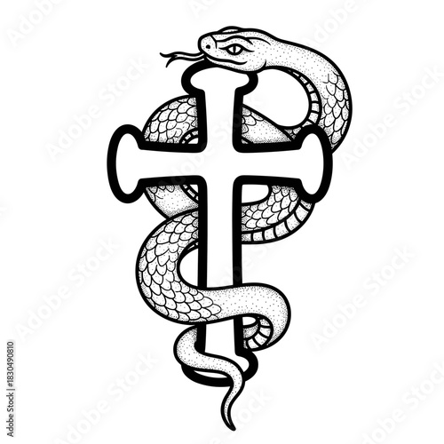 Serpent Wrapped Around a Cross Symbol.