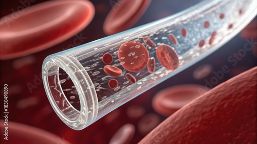 Quantum computing in healthcare concept. Blood vessels with red blood cells in a detailed microscopic view.