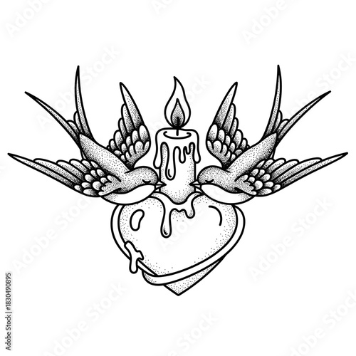 Two Swallows Flying Around a Burning Candle on a Heart.