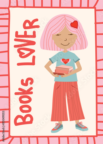 Books lover girl illustration, cute child reading vector art, bookworm kids poster with pastel colors, literacy and education themed children’s wall print