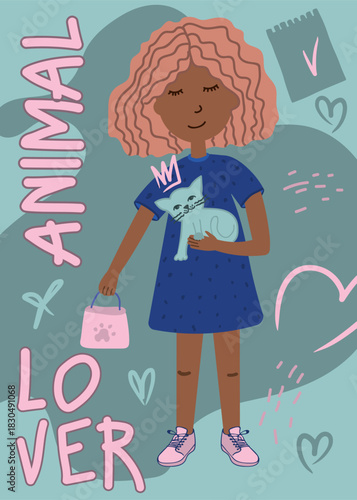 Animal lover girl with cute cat illustration, kids poster, adorable child and pet vector art, pastel children’s print for nursery and pet themed décor