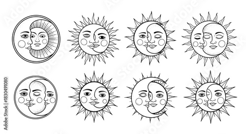 Collection of Celestial Bodies with Human Faces in Vintage Style.