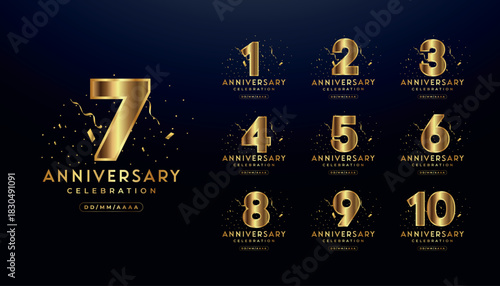 Set of golden anniversary logotypes for celebration events, weddings, greeting cards, and invitations. Gold emblem with a number. Vector illustratio