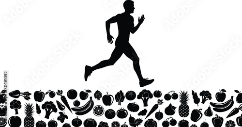 Running silhouette above healthy food icons, promoting fitness, wellness, nutrition, active lifestyle, fruits, vegetables, diet, exercise, health, vitality, and balance