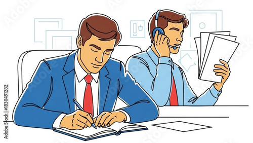 Office Worker Continuous Line Art – Colorful Outline of Note-Taking and Headset Communication Scenes