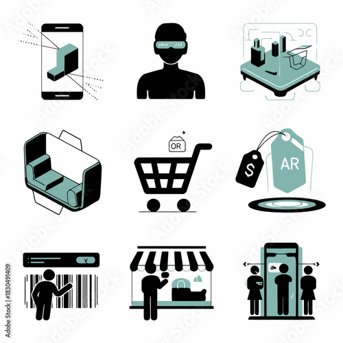 Set of icons representing augmented reality shopping, virtual reality, online shopping, and retail technology concepts