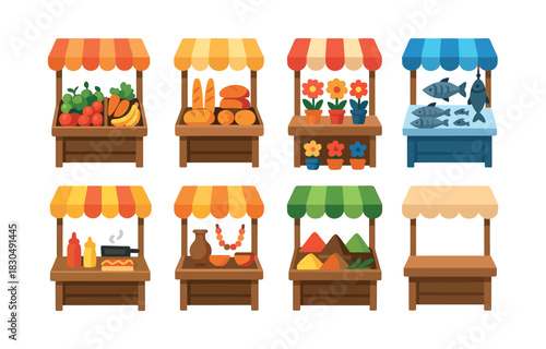 Market stall collection, produce, flowers, spices and bread, flat vector illustration