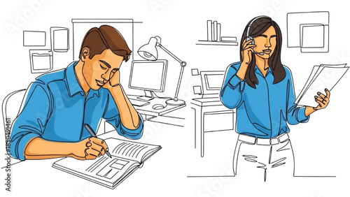 Office Worker Continuous Line Art – Note Taking and Headset Multitasking Illustration