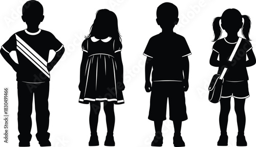Silhouette of diverse children standing together, various outfits and postures, educational vector for school, childhood, fashion, diversity, and character design