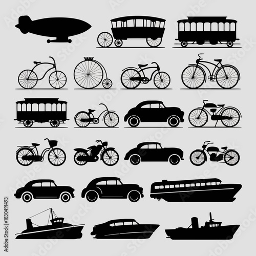 Collection of vintage transportation vehicles including bicycles, cars, buses, and ships in black and white silhouette style