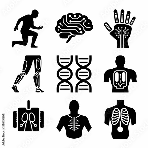 Set of medical icons including brain, hand, dna, lungs, heart, and robotic leg on isolated