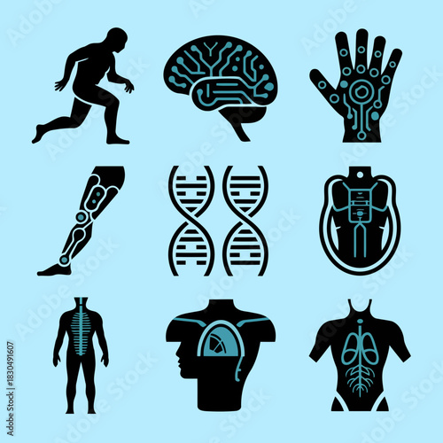 Set of medical icons representing human body parts, brain, dna, and technology for healthcare and science concepts