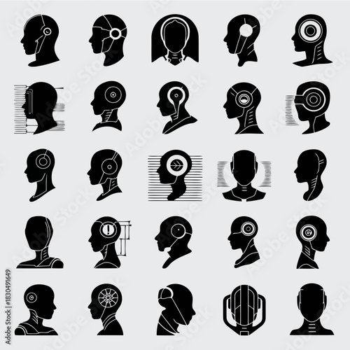 Collection of black and white human head profiles with various abstract designs inside the heads